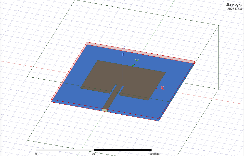 The antenna model in HFSS: a rectangular copper patch and its feed line on a blue FR-4 substrate over a ground plane