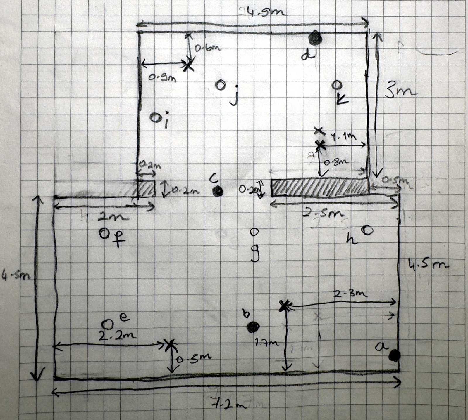 Hand-drawn floor plan on graph paper with wall dimensions, node positions and lettered survey waypoints marked