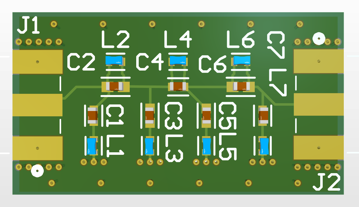 3D render of the FM rejection filter board showing seven LC branches between two edge connectors