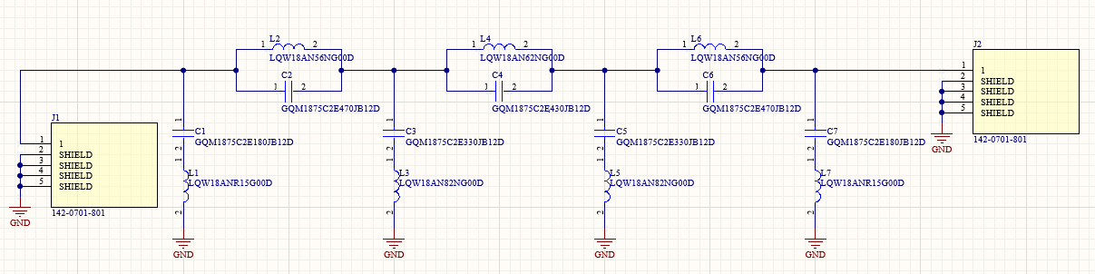 Schematic of the seven-element elliptic band-stop ladder: four shunt LC branches to ground alternating with three parallel LC branches in the signal path