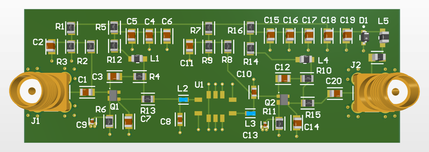 3D render of the two-stage 137 MHz LNA board with SMA connectors at each end and a SAW filter in the middle