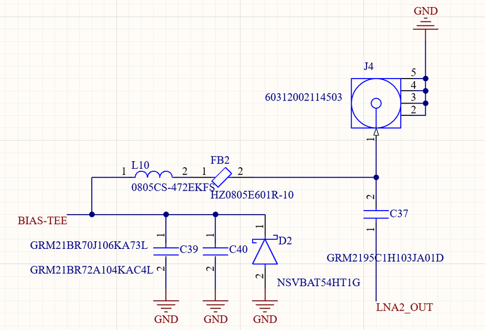 Schematic of the bias tee: DC blocking capacitor to the SMA, RF choke and ferrite bead to the supply rail, Schottky reverse-polarity diode