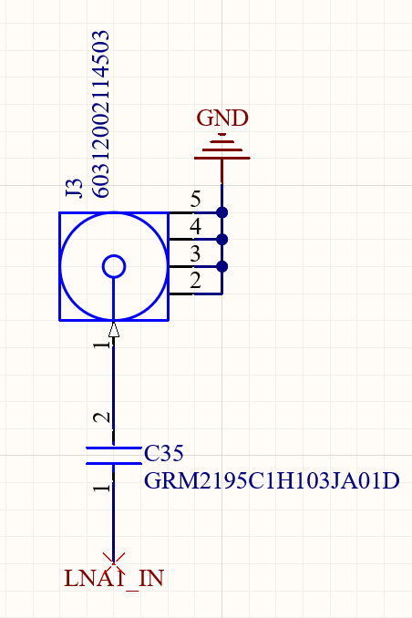 Schematic of the SMA antenna input with a 10 nF DC blocking capacitor