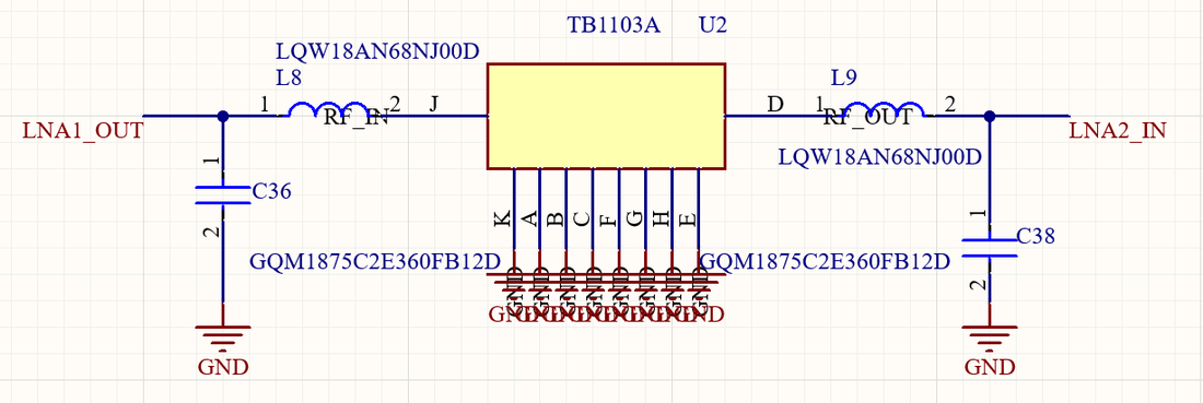 Schematic of the TB1103A SAW filter with a shunt capacitor and series inductor matching network on each side