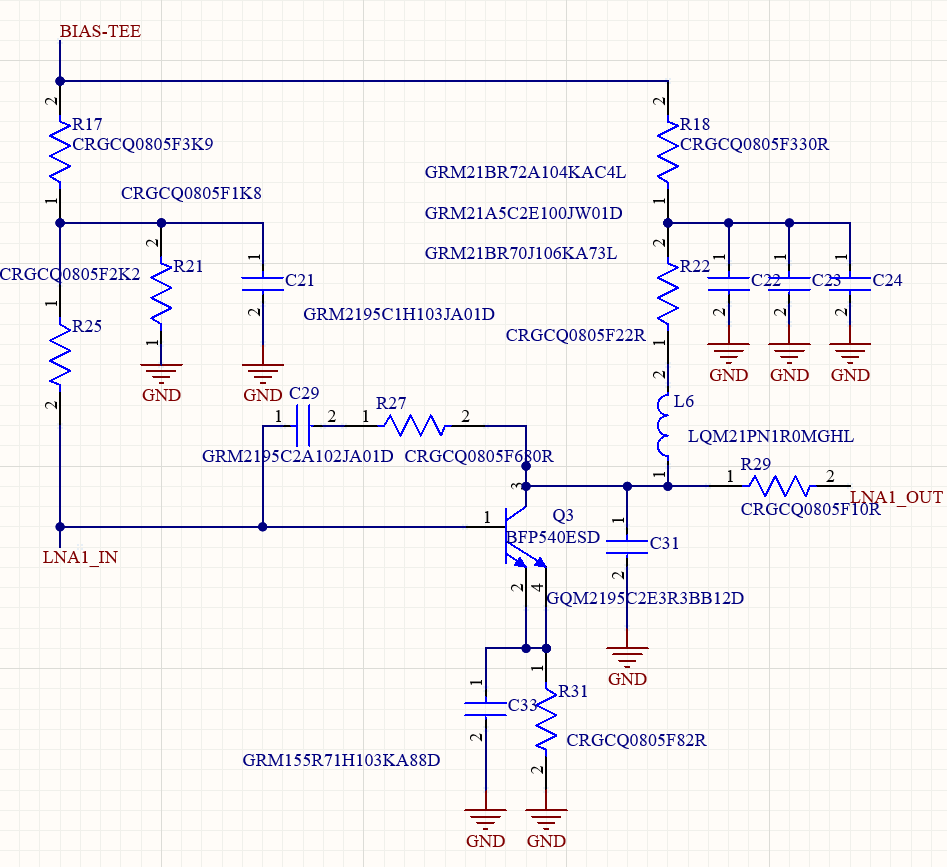 Schematic of the first BFP540ESD amplifier stage with its bias divider, emitter degeneration and 680 ohm shunt feedback branch