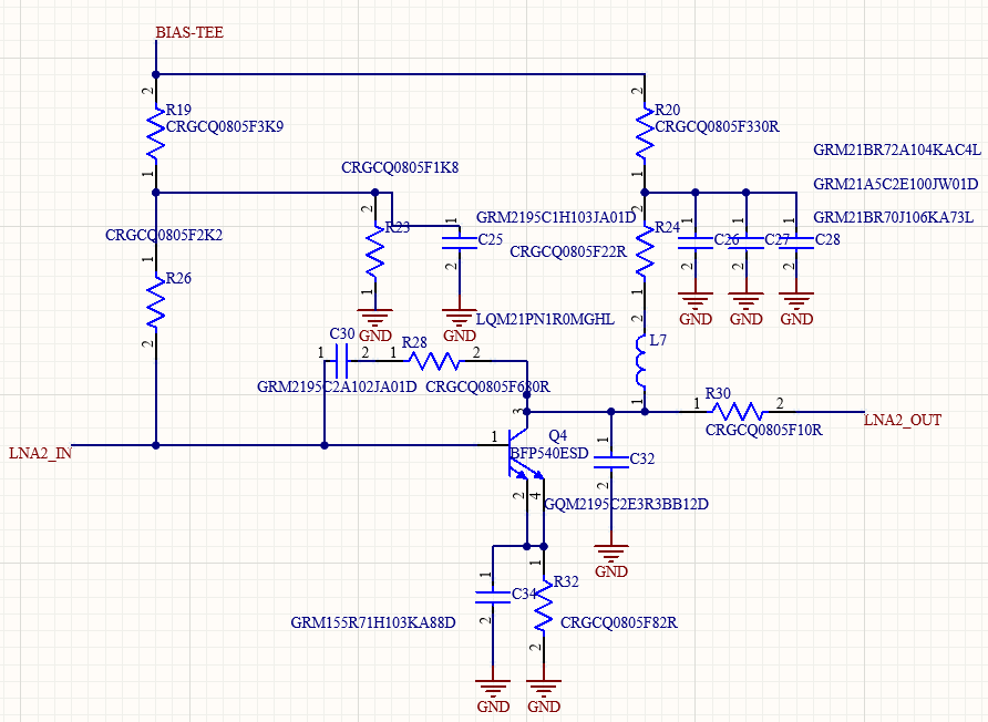 Schematic of the second amplifier stage, identical in topology and values to the first