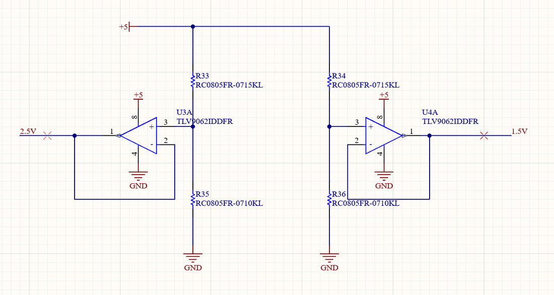 Schematic of two op-amp unity-gain buffers generating the 2.5 V and 1.5 V bias rails from resistor dividers