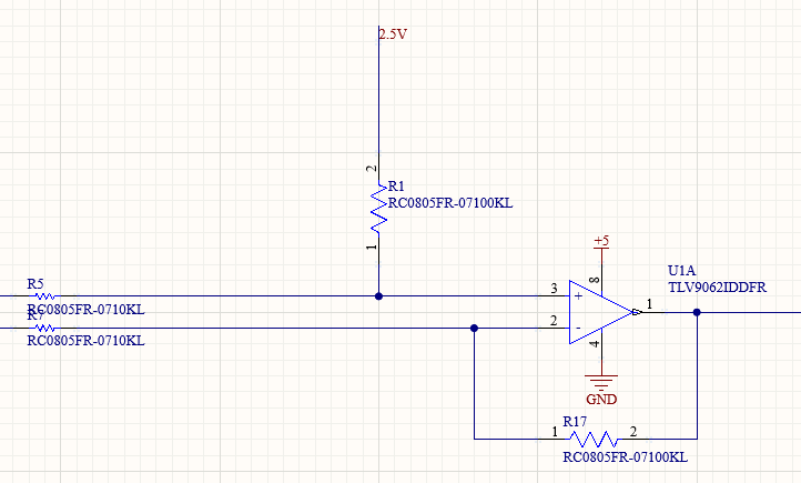 Schematic of a TLV9062 difference amplifier with 10k input resistors and 100k feedback