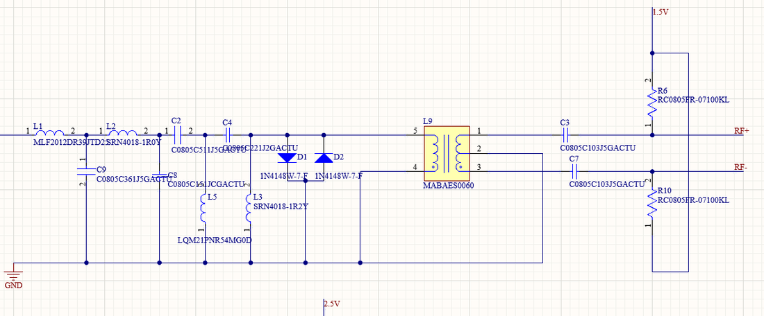 Schematic of the LC input filter, back-to-back diode clamp and MABAES0060 balun with bias resistors