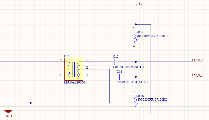 Schematic of the local-oscillator balun: the LO arrives on a pin from off board and the transformer splits it into a differential pair biased to 2.5 V