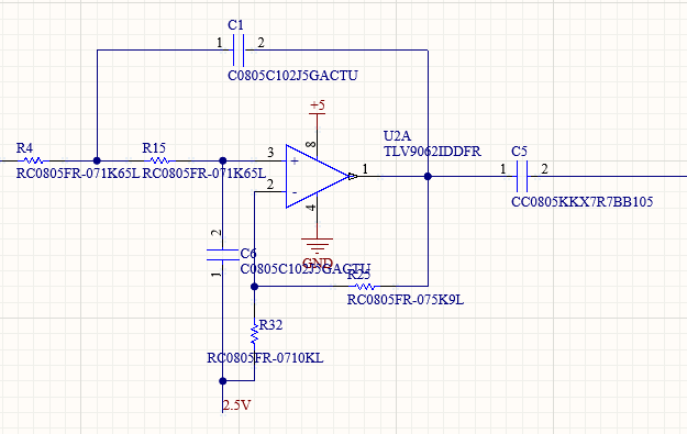 Schematic of a two-pole Sallen-Key low-pass filter built around a TLV9062