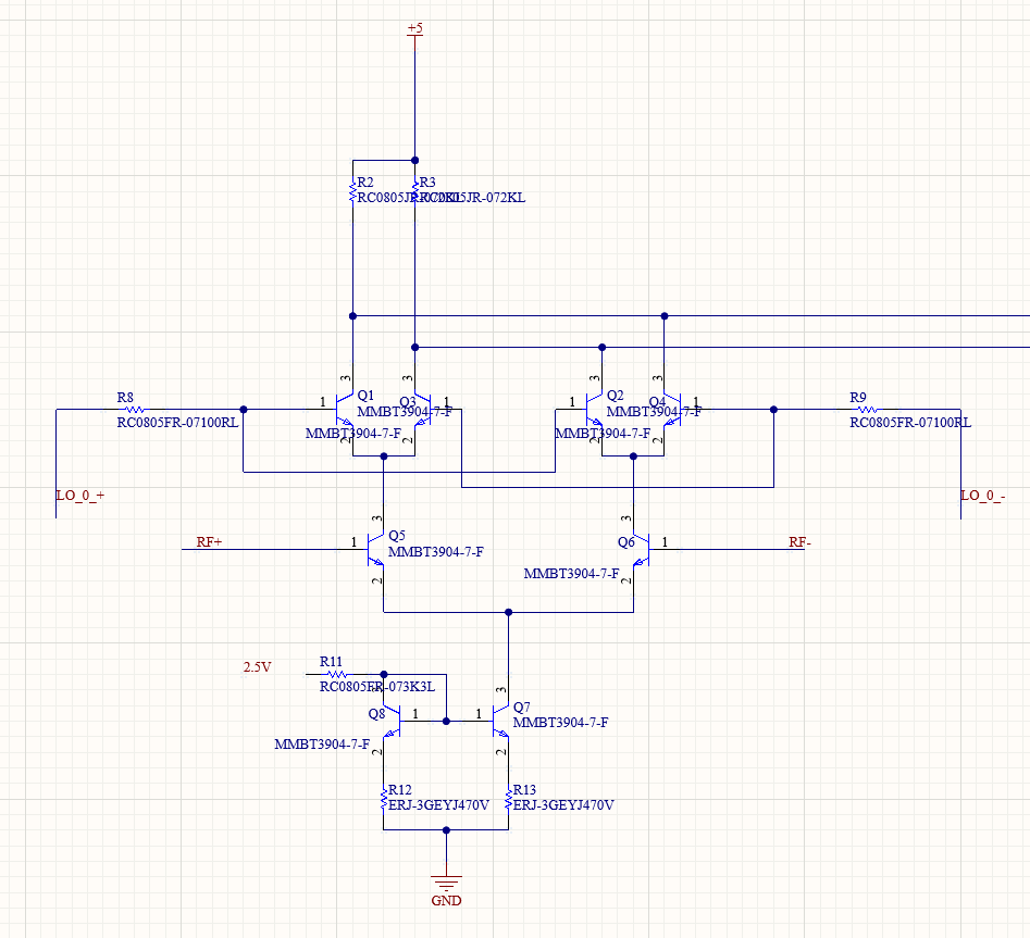 Schematic of a discrete Gilbert cell mixer built from MMBT3904 transistors with a current-mirror tail